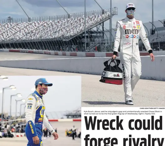  ?? BRYNN ANDERSON/ASSOCIATED PRESS
CHRIS GRAYTHEN/GETTY IMAGES ?? After Chase Elliott crashed, he climbed out of his car, waved off medical personnel and waited on the track. As Kyle Busch passed in his car, Elliott gave him a middle-finger salute.
Kyle Busch, above, said he misjudged a gap and unintentio­nally wrecked Chase Elliott in what turned out to be the final green-flag lap of Wednesday night’s Toyota 500.