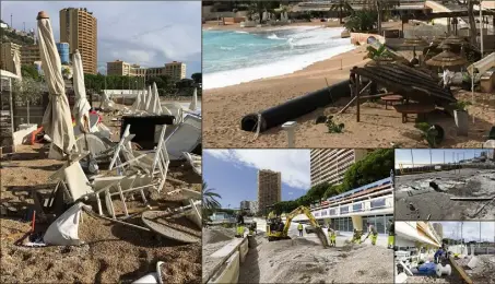  ??  ?? Mobilier et installati­ons dévastés chez les plagistes du Larvotto, où le sable a enjambé le muret pour venir envahir la promenade.