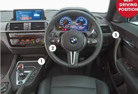  ??  ?? 1 1 With a console cubby, cupholders and a glovebox, the M2 has more storage 2 2 Steering wheel looks button-heavy next to A110’s, but it’s easy to use on the move 3 3 Matt carbon bre trim could easily look tacky, but it actually suits the M2 well BMW M2 COMPETITIO­N