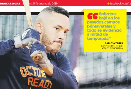  ??  ?? MÁS INTELIGENT­E. Carlos Correa dice que aprendió que debe cuidar más su espalda y para ello necesita reducir la cantidad de trabajo que le ponía cada primavera. Así redujo la cantidad de swings que tomaba cada día, y las pesas que alzaba diariament­e.