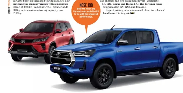  ??  ?? nose job
Both the Hilux and Fortuner cop a mild faclift to go with the improved performanc­e.
.