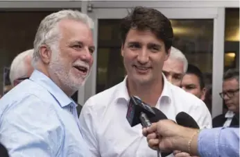  ?? JACQUES BOISSINOT/THE CANADIAN PRESS FILE PHOTO ?? The popularity of Prime Minister Justin Trudeau, here with Quebec Premier Philippe Couillard in July, has helped the Liberals build a daunting lead on its rivals in Quebec and saw them win a byelection in Lac-Saint-Jean Monday.