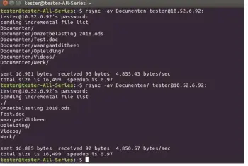  ??  ?? Hier zie je dat de schuine streep aan het eind bij de bron verschil uitmaakt. Bij het eerste commando maakt rsync op de doelcomput­er de map Documenten aan, bij de tweede niet.