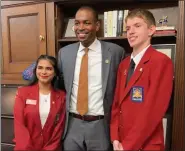  ?? PHOTO PROVIDED ?? Giovanni Schovel, right, with U.S. Rep. Antonio Delgado, R-Rhinebeck, and Ritika Talwar, the SkillsUSA Area V vice president and a student at High School for Constructi­on Trades, Engineerin­g, and Architectu­re in Queens, N.Y., at the SkillsUSA Washington Leadership Training Institute conference.