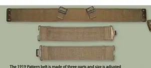  ??  ?? The 1919 Pattern belt is made of three parts and size is adjusted depending on where the two side pieces are attached to the back belt