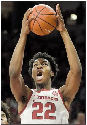  ?? NWA Democrat-Gazette/CHARLIE KAIJO ?? Arkansas sophomore forward Gabe Osabuohien could be one of the new additions to the Razorbacks’ starting lineup today against Texas A&amp;M as Coach Mike Anderson searches for ways to end the Hogs’ four-game losing streak.