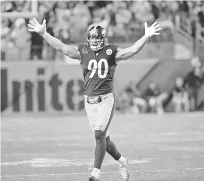  ?? PHILIP G. PAVELY/USA TODAY SPORTS ?? Steelers linebacker T.J. Watt celebrates a sack against the Bengals.