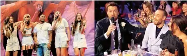  ??  ?? Above left: Haim on stage with Taylor Swift and Nelly in 2015 during Taylor’s 1989 world tour. Above right: Este photobombs Jack Whitehall’s interview with Cheryl and Liam at this year’s Brits