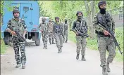  ?? ANI ?? Security forces at Saimoh area of Tral in Kashmir on Tuesday.