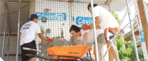  ?? ?? El tenista canadiense y más voluntario­s dedicaron un poco de su tiempo para repellar muros de panel en Acapulco.