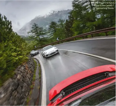  ??  ?? Below The GT3 &amp; R give chase to the Carrera T approachin­g Stelvio