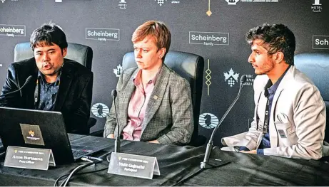  ?? ?? Hikaru Nakamura (L) and Vidit Gujrathi (R) at the post-match presser after their Candidates match.