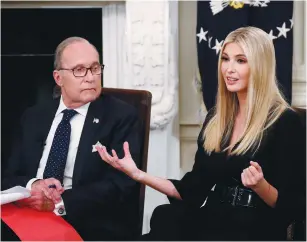  ?? (Kevin Lamarque/Reuters) ?? IVANKA TRUMP speaks at an event at the White House in October, as economic adviser Larry Kudlow looks on.