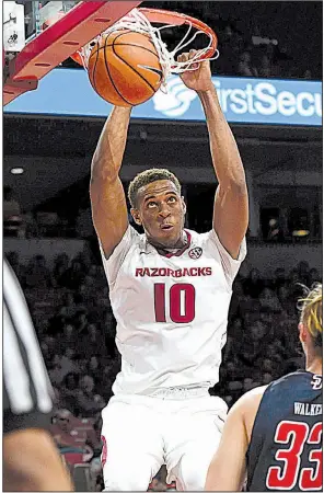  ?? NWA Democrat-Gazette/SPENCER TIREY ?? Arkansas forward Daniel Gafford, a 6-11 freshman from El Dorado, is averaging 12.5 points, 3.5 rebounds and 1.5 blocked shots per game in the Razorbacks’ opening victories over Samford and Bucknell. “You can see why we get excited about him,” Arkansas Coach Mike Anderson said.