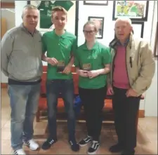  ??  ?? Greenhills Bowls Club juvenile mentor Alan Thornberry (left) and juvenile officer Tom Devin with National Singles runner-up Karl Thornberry and champion Ciara Floyd.