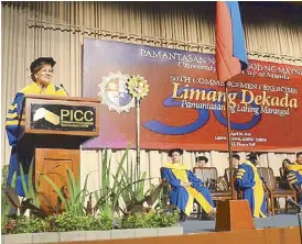  ??  ?? From left: Wilma Galvante leading the Pledge of Loyalty with the PLM graduates of 2018...Hon. Salvador Medialdea, Executive Secretary of the Philippine­s being conferred the Honorary Degree of Government Management Honoris Causa by Dr. Benjamin Espiritu...