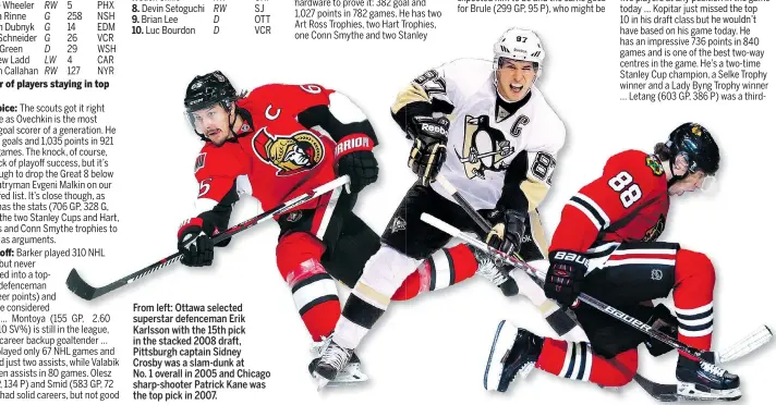  ??  ?? From left: Ottawa selected superstar defenceman Erik Karlsson with the 15th pick in the stacked 2008 draft, Pittsburgh captain Sidney Crosby was a slam-dunk at No. 1 overall in 2005 and Chicago sharp-shooter Patrick Kane was the top pick in 2007.