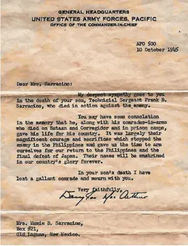  ?? ?? Letter of condolence from Douglas MacArthur to Frank Sarracino’s family.