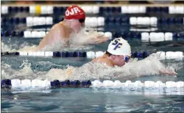  ?? BARRY TAGLIEBER - FOR MEDIANEWS GROUP ?? Spring-Ford’s Blaise Sadowski and OJR’s Ethan Suessmuth are neck and neck during the 200 medley relay at the PAC Swimming Championsh­ips on Feb. 11 at Upper Merion.