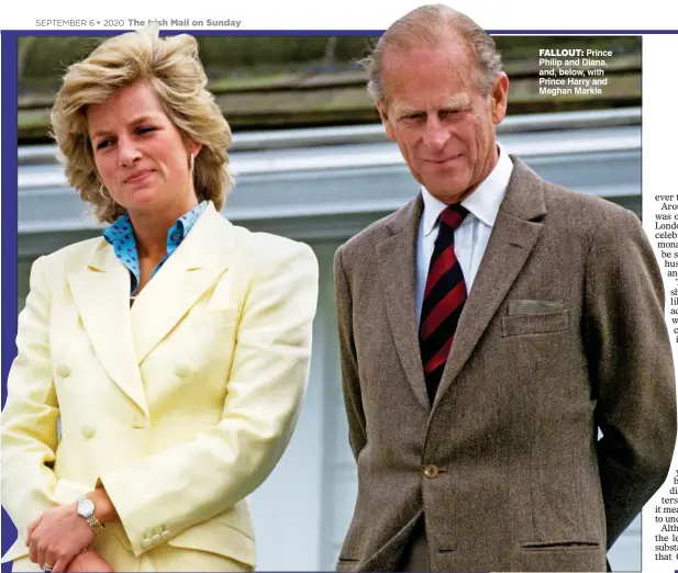  ??  ?? Fallout: Prince Philip and Diana, and, below, with Prince Harry and Meghan Markle