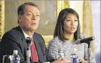  ?? TERESA CRAWFORD / ASSOCIATED PRESS ?? Crystal Pepper (right), daughter of ousted passenger Dr. David Dao, speaks at a news conference in Chicago earlier this month with attorney Stephen Golan.