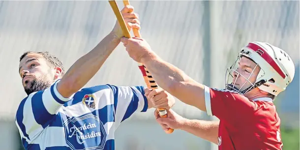  ??  ?? TALKING POINT: Helmets and face guards could become compulsory for all players if the Camanachd Associatio­n is successful later this year