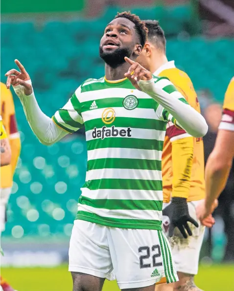  ??  ?? Odsonne Edouard looks to the heavens after scoring Celtic’s second goal that clinched victory