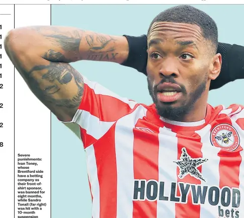  ?? ?? Severe punishment­s: Ivan Toney, whose Brentford side have a betting company as their front-ofshirt sponsor, was banned for eight months, while Sandro Tonali (far right) was hit with a 10-month suspension