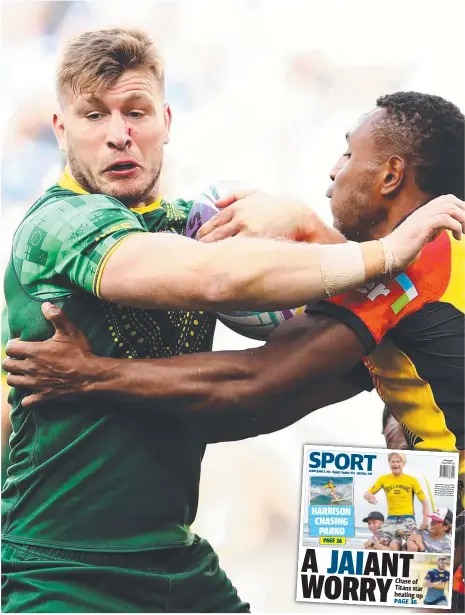  ?? Picture: AAP IMAGE ?? Jai Arrow in action during the Rugby League World Cup Nines and (inset) Tuesday’s Bulletin back page.