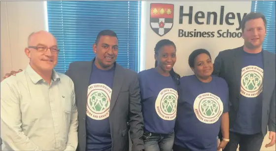  ??  ?? Dr Julian Day (left) with the Henley Business School Africa MAP+ students who worked with the South African Depression and Anxiety Group: Johnaton Dorasamy, Masechaba Selala, Banyana Motlhamme, and Brett Johnson.