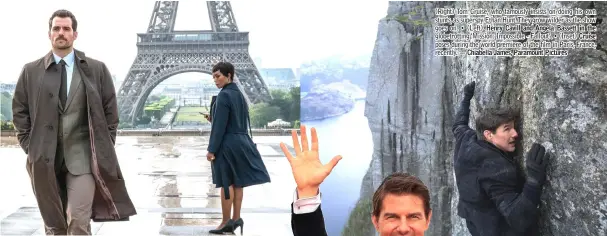 ??  ?? (Right) Tom Cruise�� who famously insists on ��oing his own stunts�� as superspy Ethan Hunt. They grow wil��er as the show goes on. • (Left) Henry Cavill an�� Angela Bassett in the globetrott­ing ‘Mission: Impossible - Fallout’. • (Inset) Cruise poses...