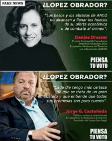  ??  ?? Denise Dresser y Jorge Castañeda negaron haber aceptado que su imagen fuera utilizada para la campaña en contra del líder de Morena.