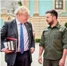  ?? ?? Volodymyr Zelensky (R) and Boris Johnson, before talks in the Ukrainian capital Kyiv. (Ukrainian presidenti­al press-service / AFP)