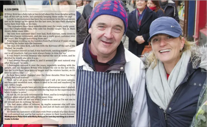  ??  ?? MAIN picture: Peter Kirk with Nicky Kelly at his last day working as a street trader in Ardee