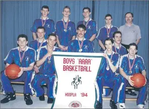  ?? —Submitted photo ?? The 1993-94 Mount Pearl Senior High Huskies championsh­ip basketball team included: (left to right, first row) Trevor Lane, Jason Green, Warren Davidson, Curtis Ledrew; (second row) Paul Sellars, Steve Beckett, Adam Hogarth; (third row) Jeremy Butt,...