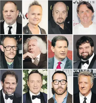  ?? AP FILES ?? A flood of allegation­s of sexual harassment, assault or misconduct has come against men at all levels of power, from highly regarded media pundits to celebrity chefs. Combinatio­n photo shows, top row from left, film producer Harvey Weinstein, former...