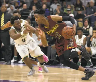  ?? D. Ross Cameron / Special to The Chronicle ?? Stanford signee Kezie Okpala (right) scored 22 points to lead Esperanza High of Anaheim to a win over Hayward’s Moreau Catholic in the Division II state-championsh­ip game in March.