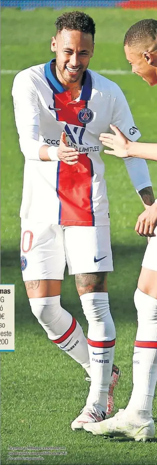  ??  ?? Neymar y Mbappé celebran un gol durante un partido del PSG de esta temporada.