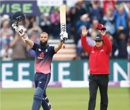  ?? Photo: Zimbio ?? Moeen Ali of England celebrates reaching his century during the third Royal London One Day Internatio­nal against West Indies at The Brightside Ground in Bristol, England on September 24, 2017