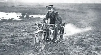  ??  ?? In a striking illustrati­on of the challenges that faced military motorcycli­sts in the First World War, a dispatch rider tackles some typically tough terrain on a Douglas.