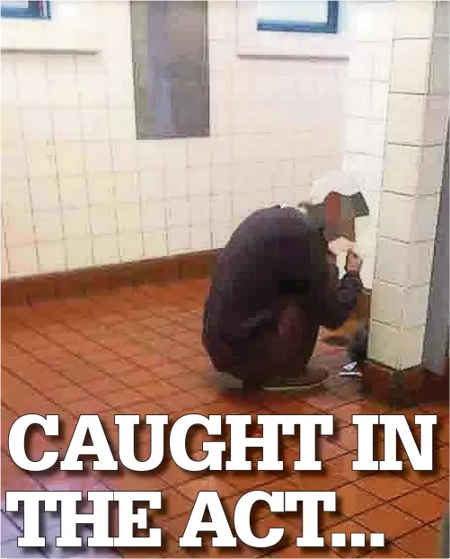  ??  ?? The suspected drug taker in the Caernarfon public toilet and (inset) his equipment littering a cubicle