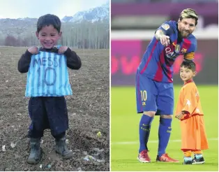  ?? Karim Jaafar / AFP ?? One of the photos, left, that became a viral sensation and led to the six-year-old Afghan boy Murtaza meeting his hero Lionel Messi as Barcelona played Al Ahli in Qatar.