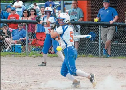  ?? JOHN BREWER - ONEIDA DAILY DISPATCH ?? Oneida senior shortstop Brianna Laureti takes off toward first base for an infield single to lead off the game-winning seventh inning rally against Camden in Section III Class B semifinal play on Saturday, May 26.