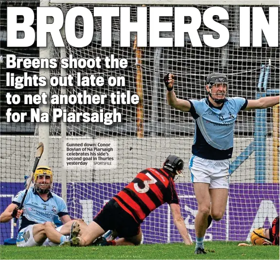  ??  ?? Gunned down: Conor Boylan of Na Piarsaigh celebrates his side’s second goal in Thurles yesterday