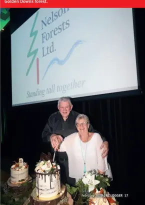  ??  ?? Murray Sturgeon Managing Director of Nelson Pine Industries and Bim Rogers (recently retired from Nelson Forests) cutting the birthday cake celebratin­g 90 years since the planting of the first trees in Golden Downs forest.