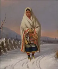  ??  ?? Above left: Moccasin Seller, 1860, by Cornelius Krieghoff, depicts an Indigenous woman selling handmade footwear near a European community in early Canada. Above right: Red River Carts Leaving Fort Garry, 1863, by Adam Sherriff Scott for HBC, circa 1927. The HBC headquarte­rs at Upper Fort Garry, located at what’s now downtown Winnipeg, was the epicentre of the Red River Resistance of 1869–70.