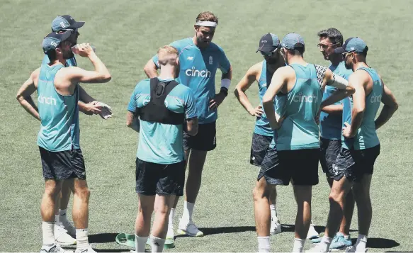  ?? ?? England’s bowling Coach Jon Lewis (right) talks with all the bowlers during a nets session at the Adelaide Oval.