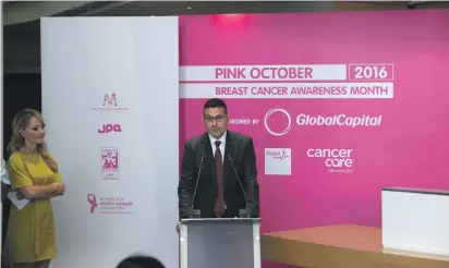  ??  ?? GlobalCapi­tal CEO Reuben Zammit addresses guests at the launch of Pink October Malta 2016 held at GlobalCapi­tal. Credit – Justin Ciappara