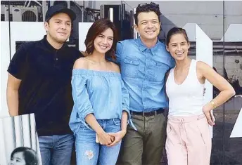  ??  ?? Director-producer Paul Soriano (leftmost), 2017 MMFF’s Best Director, on the set of his winning film Siargao with stars (from left) Erich Gonzales, Jericho Rosales and Jasmine CurtisSmit­h. Right: With his wife, Toni Gonzaga, and their son Severiano...