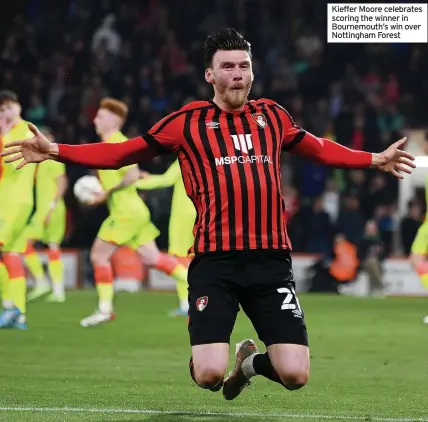  ?? ?? Kieffer Moore celebrates scoring the winner in Bournemout­h’s win over Nottingham Forest